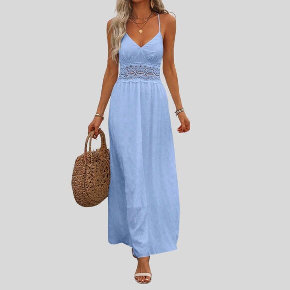 Dresses & Skirts - Boho Hollow Out Lace Backless Maxi Dress Blue